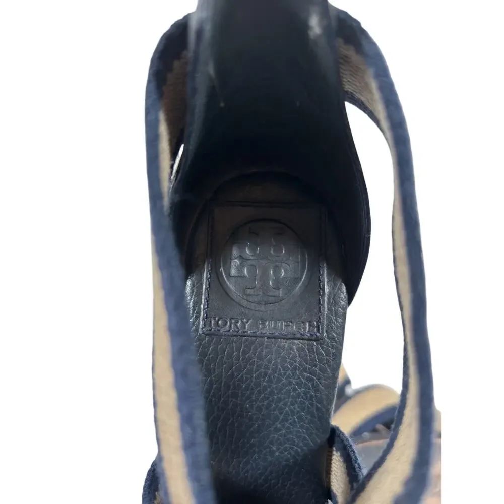 Tory Burch Sandals Womens 7 Navy Blue Laurie Striped Block Heel Slide Logo Studs
